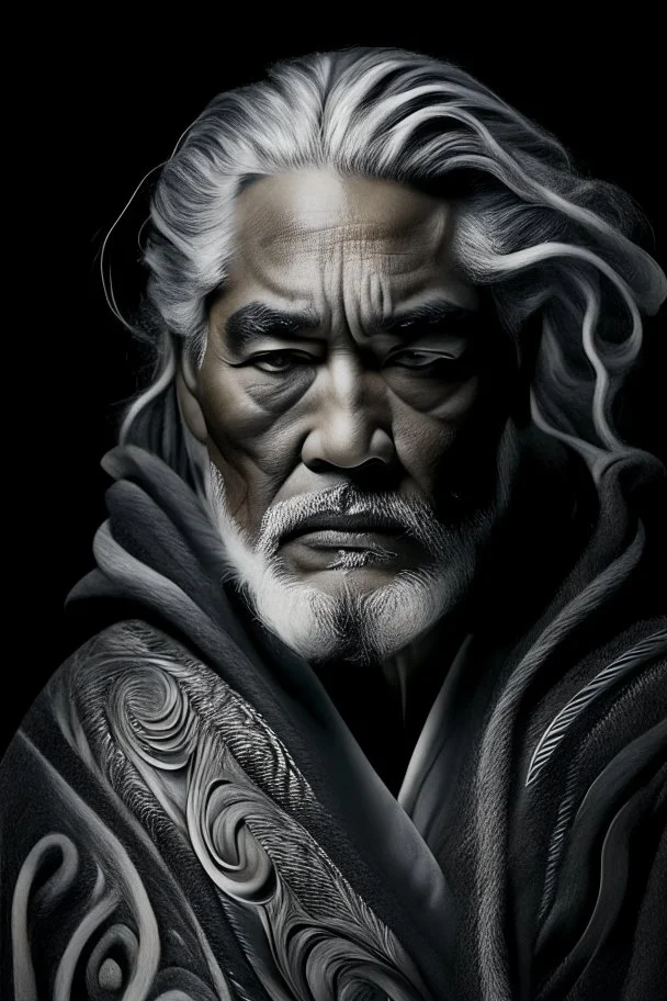 a photo of an Maori man with ethnic jewelry, grey hair and grey flowing robe, in style of Annie Leibovitz, contemporary portrait of a mature yet beautiful and modernist man, black and grey, detailed masculine face, swirling fluid smokey enigma, award-winning artwork