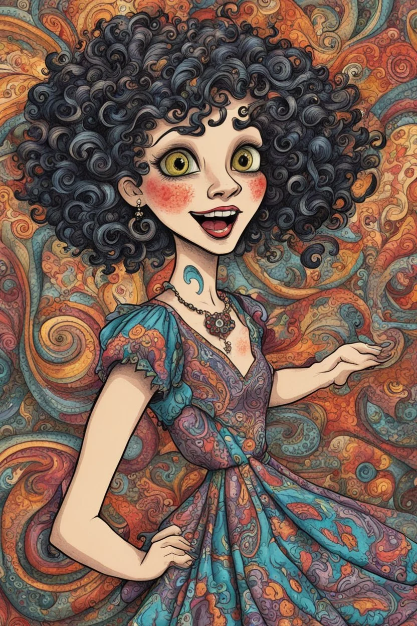 a cartoon illustration of a schizophrenic curly, short haired vampire girl in a paisley sundress, in the cartoon style of Lynda Barry , Ernie Pook's Comeek, vibrant natural colors, , museum quality masterpiece