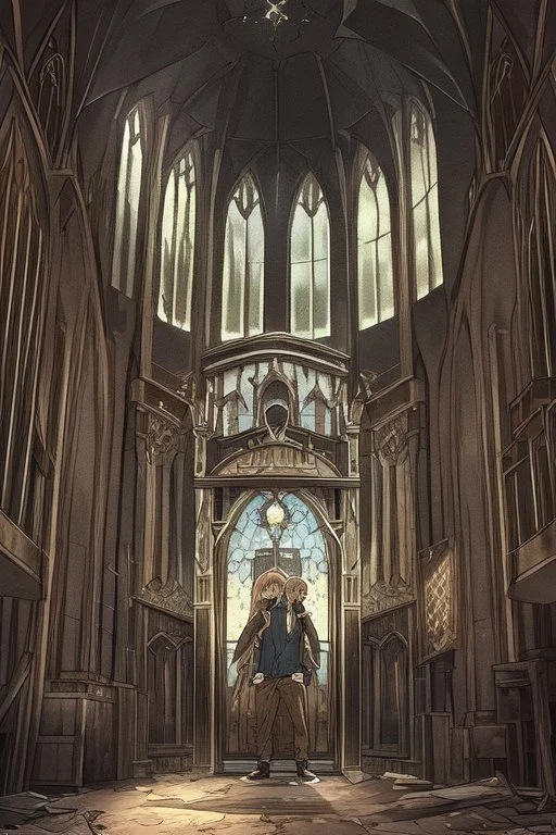 Brown haired anime boy in an abandoned church