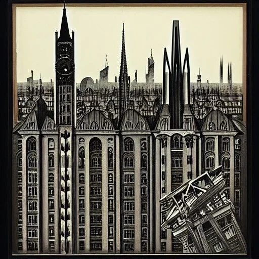 Skyline,Gotham city,Neogothic and NeoFascist and Neoclassical architecture by German Expressionism