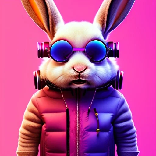 pixar style anamorphic cute smiling baby rabbit, smiling, cyberpunk headphone, sunglass, gangsta gold neckless, full body, magenta puffer jacket, manila city backdrop, dramatic lighting, hyper realistic, unreal engine 5, 16k