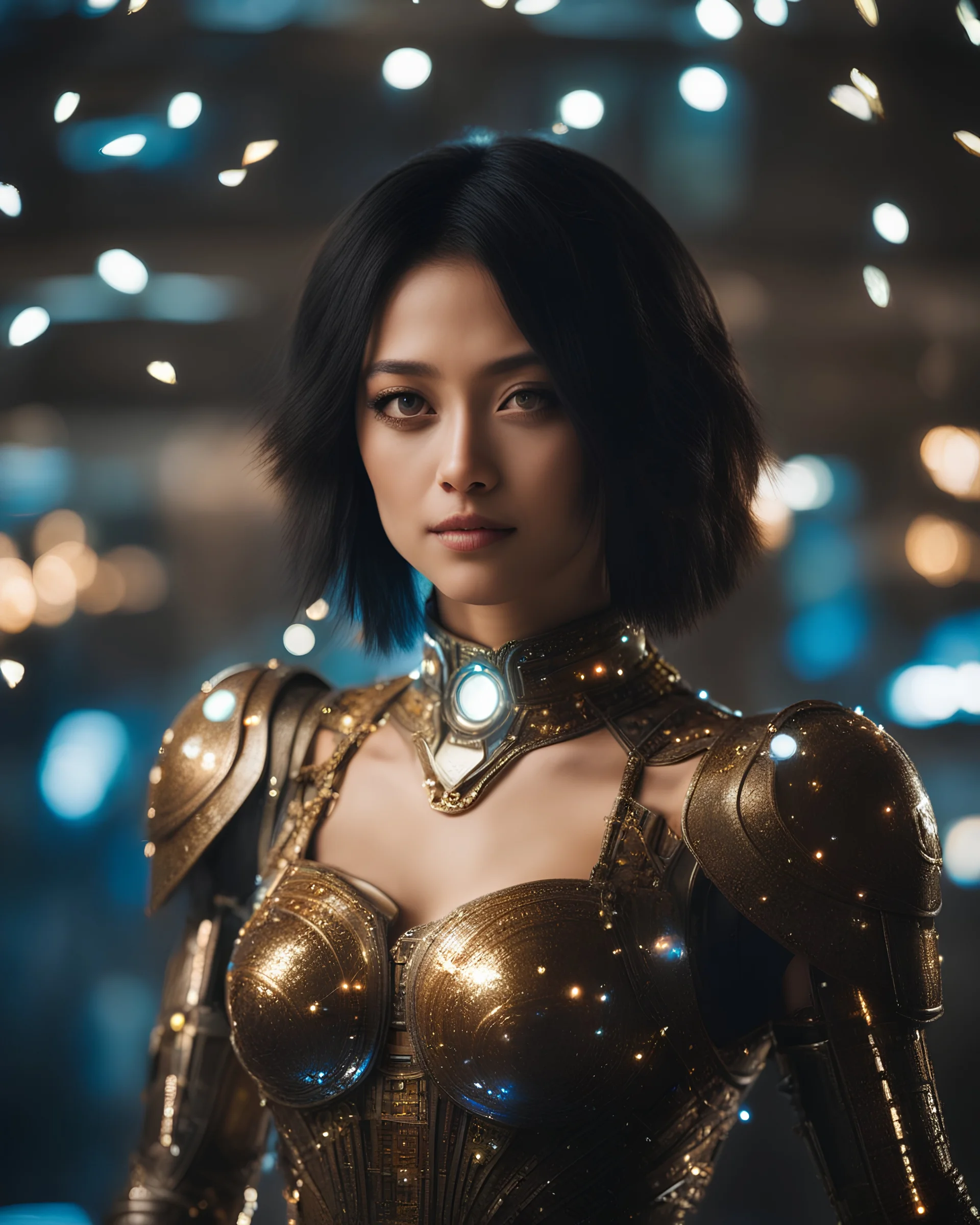 /dream prompt:Joyful (photograph:1.2) of Alita from Battle Angel, her (cybernetic body:1.3) adorned with (glistening crystals:1.25) and (glowing electric circuits:1.3), bathed in (radiant light:1.2), shot with a (macro lens:1.3) for exquisite detail