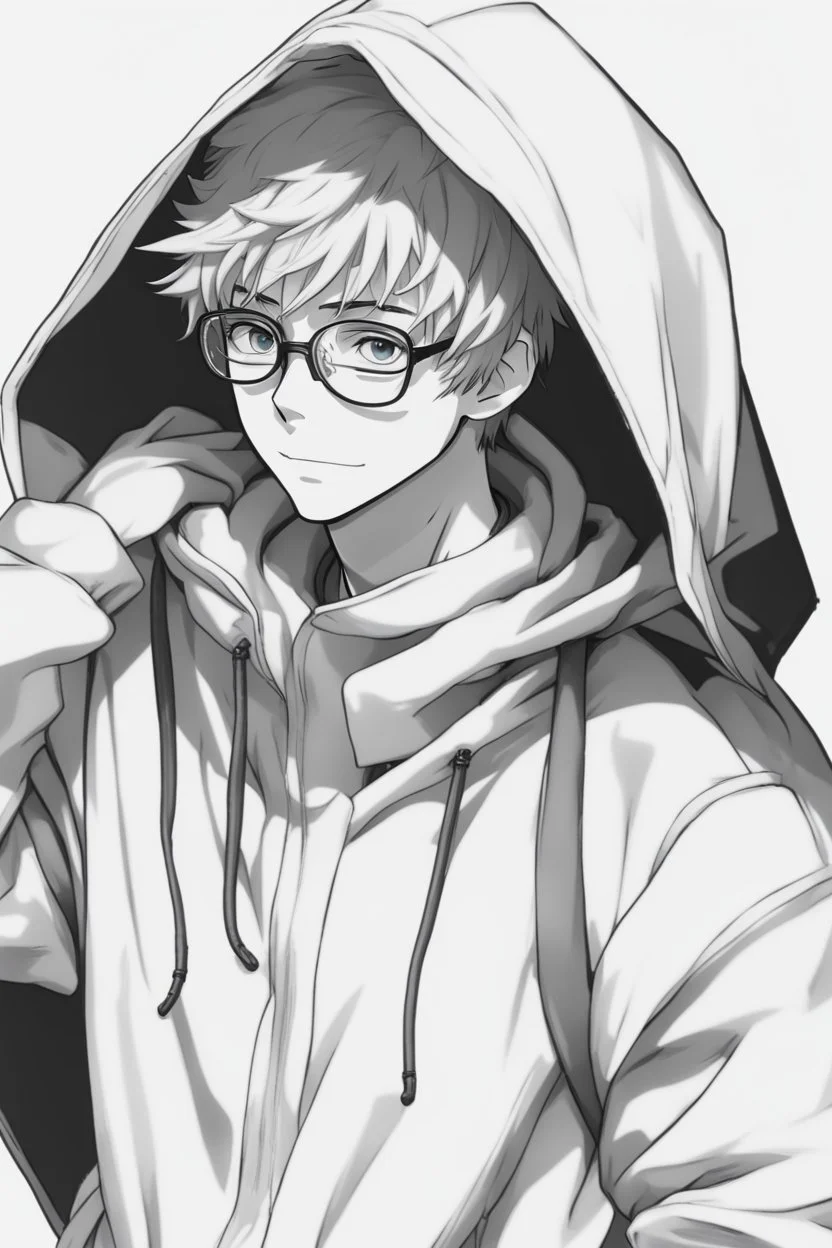 Anime man with glasses, wearing a hooded sweatshirt, slight smile, realistic