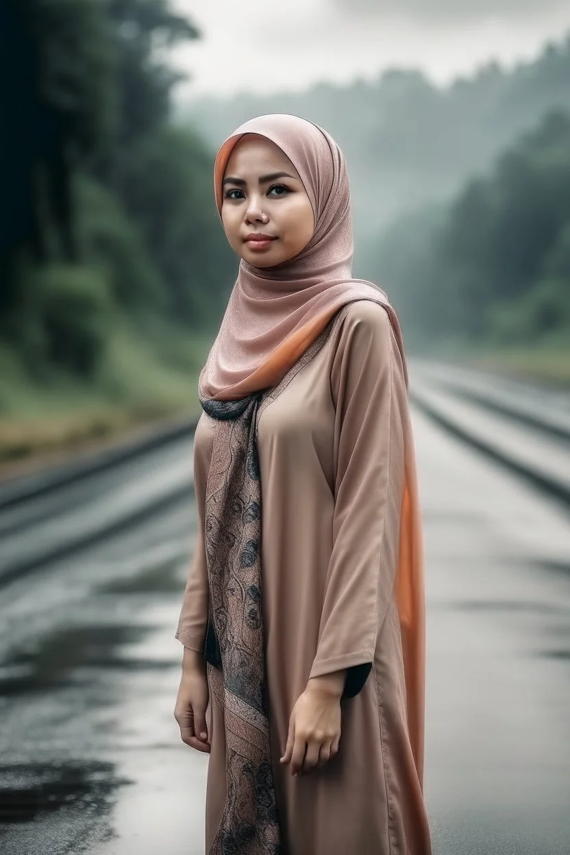 Wanita Indonesia cantik muslimah berdiri di tepi jalan yang sepi saat hujan deras