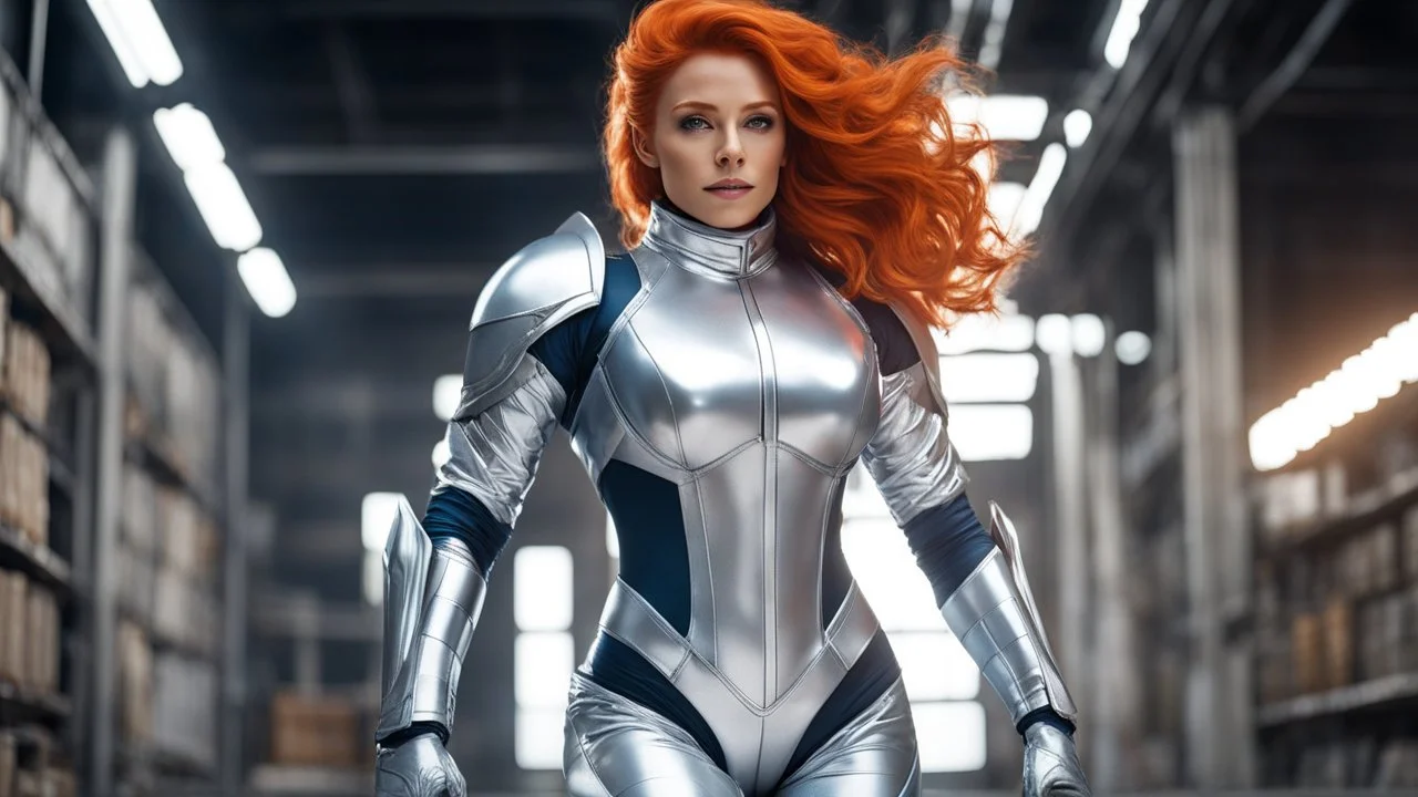 Laureline, the fiery-haired heroine known for her muscular frame and ample bosom, strides confidently in her skin-tight silver spacesuit that hugs every curve of her body. The reflective material of her suit catches the ambient light, giving her an ethereal glow as she moves with purpose through the enigmatic surroundings. The warehouse itself is a study in strangeness, with walls that seem to ripple and shift as if alive. Strange symbols and alien hieroglyphs adorn the metal surfaces, hinting