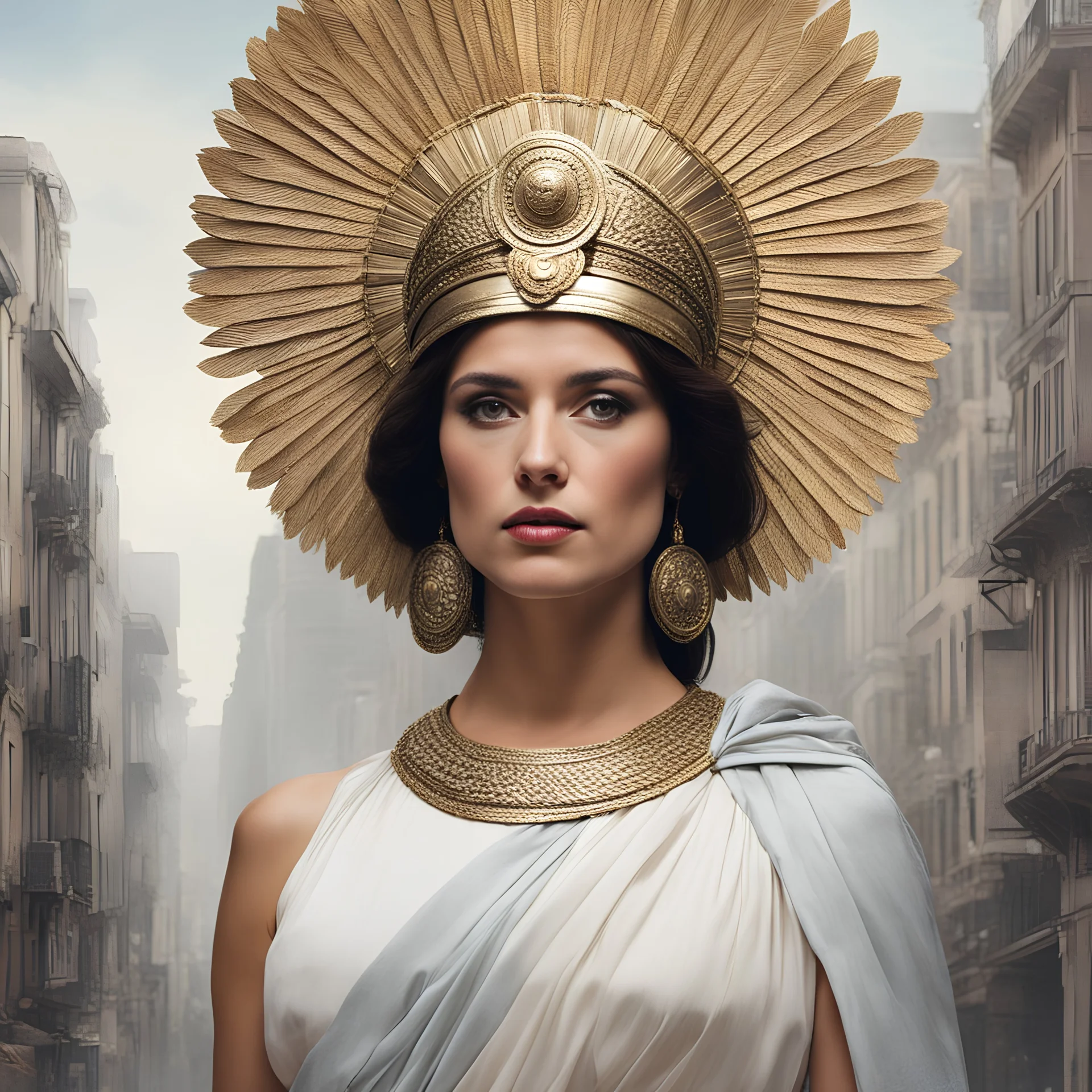 [Part of the series by Françoise Sullivan] In a bustling city, a woman resembling Athena emerges, exuding wisdom and strength.