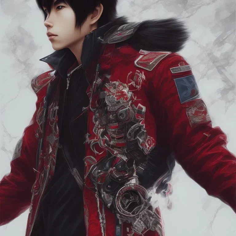 Distant Japanese boy, black hair, sitting on floor with back to back, red akira jacket, extremely detailed, extremely realistic