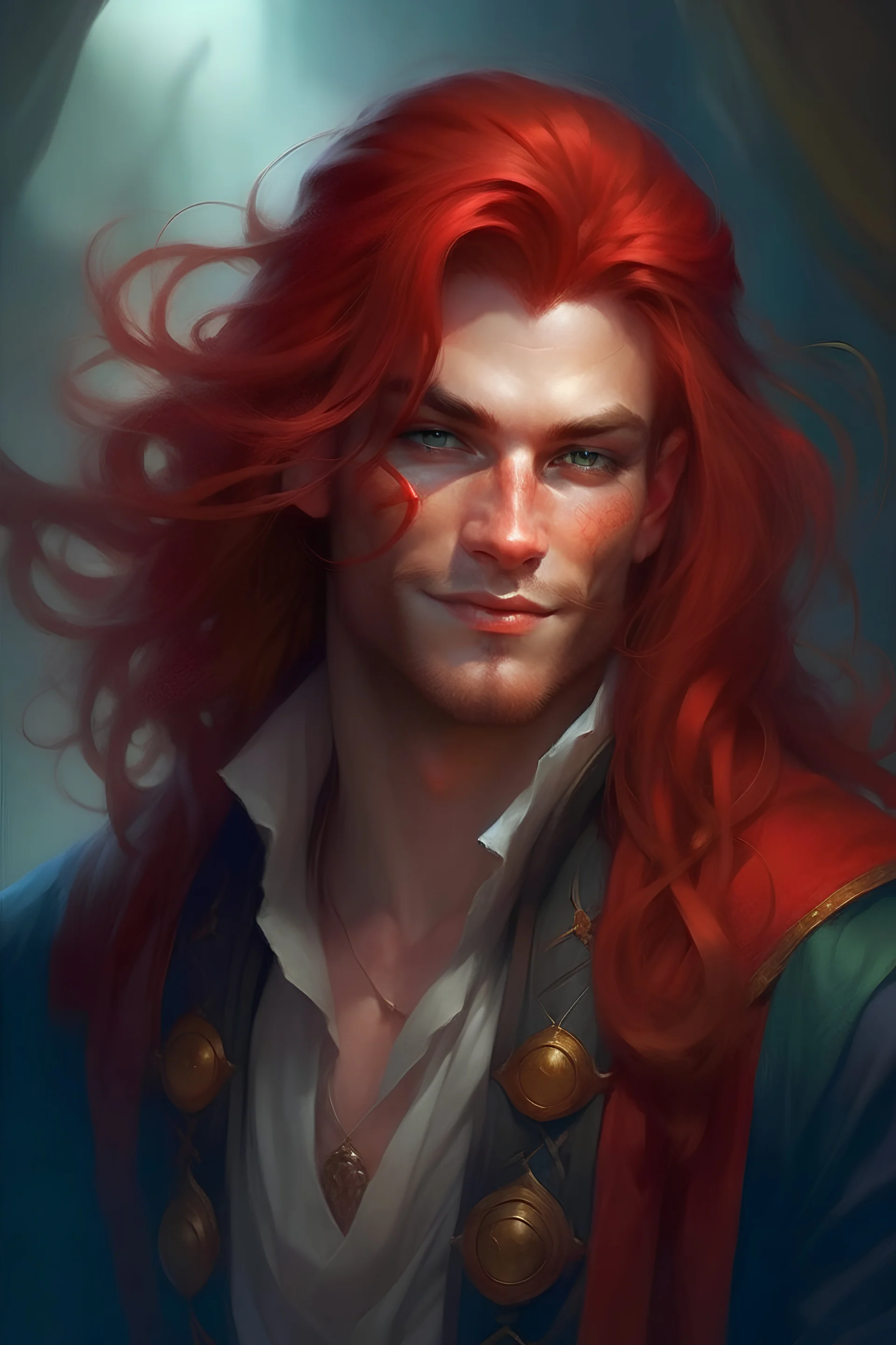 portrait of a young ruggedly handsome but joyful pirate, male, masculine, upper body, red crimson crimson deep red hair, long long flowing hair, fantasy, proud smirk, intricate, elegant, highly detailed, digital painting, artstation, concept art, matte, sharp focus, illustration, art by artgerm and greg rutkowski and alphonse mucha