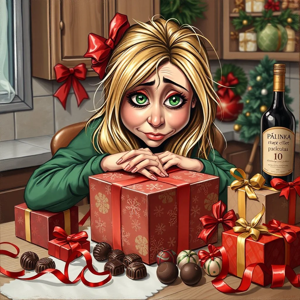 acrylic glossy, Christmas themed, whimsical cute caricature of an tired dark-blonde green eyes woman with messy long hair. she's wrapping a box with Christmas wrapping paper at the kitchen table. head resting on box. around her chocolate boxes, chocolate bar, chocolate balls, brandy bottle with precize text:"pálinka" and presents piled up. ribbons, and wrapping paper on table. funny detailed, stunning illustration