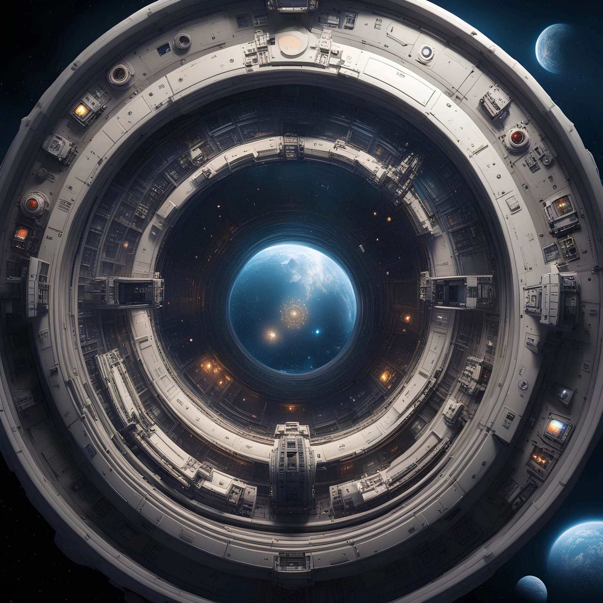 highly detailed city spacecraft in space ,Portholes, luminescent , 35 mm focal length