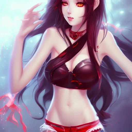 A lovely woman, An anime girl, black long hair, red eyes, red horns, black crop top, black shorts