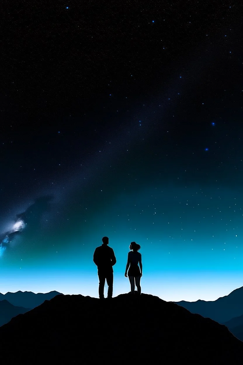 black background on a mountaintop and two silhouettes male and a female looking at the stars