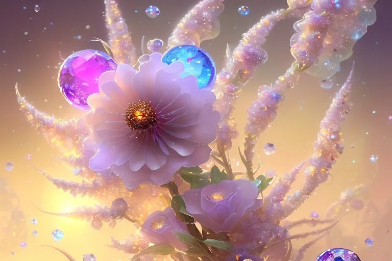 one big crystal subtle flower in a galactic ambiance, transparent petals, delicate colors, in the foreground, with a very little beautiful fairy, full of details, smooth, bright sunshine，soft light atmosphere, light effect，vaporwave colorful, concept art, smooth, extremely sharp detail, finely tuned detail, ultra high definition, 8 k, unreal engine 5, ultra sharp focus