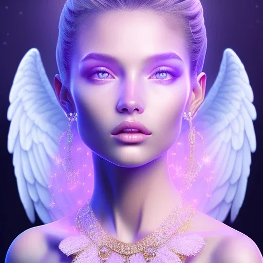 portrait of a beautiful woman with an angel face, pink and blue dress, jewels, soft light aura