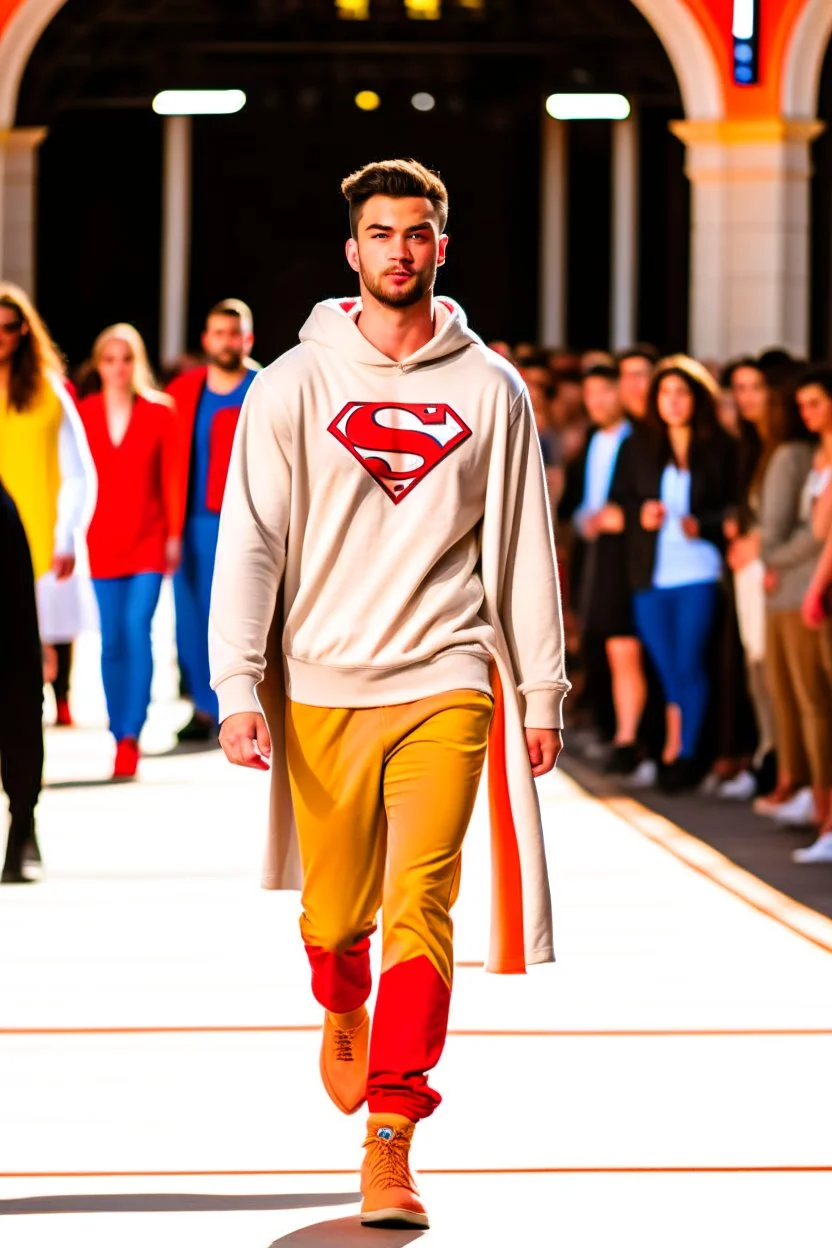 A guy on a fashion runway with Kryptonian Superman street wear Clothes in neutral colors