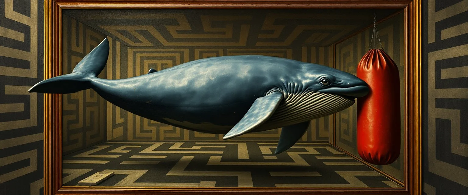 whale as punching bag, painted by Rembrandt, inside mirror maze
