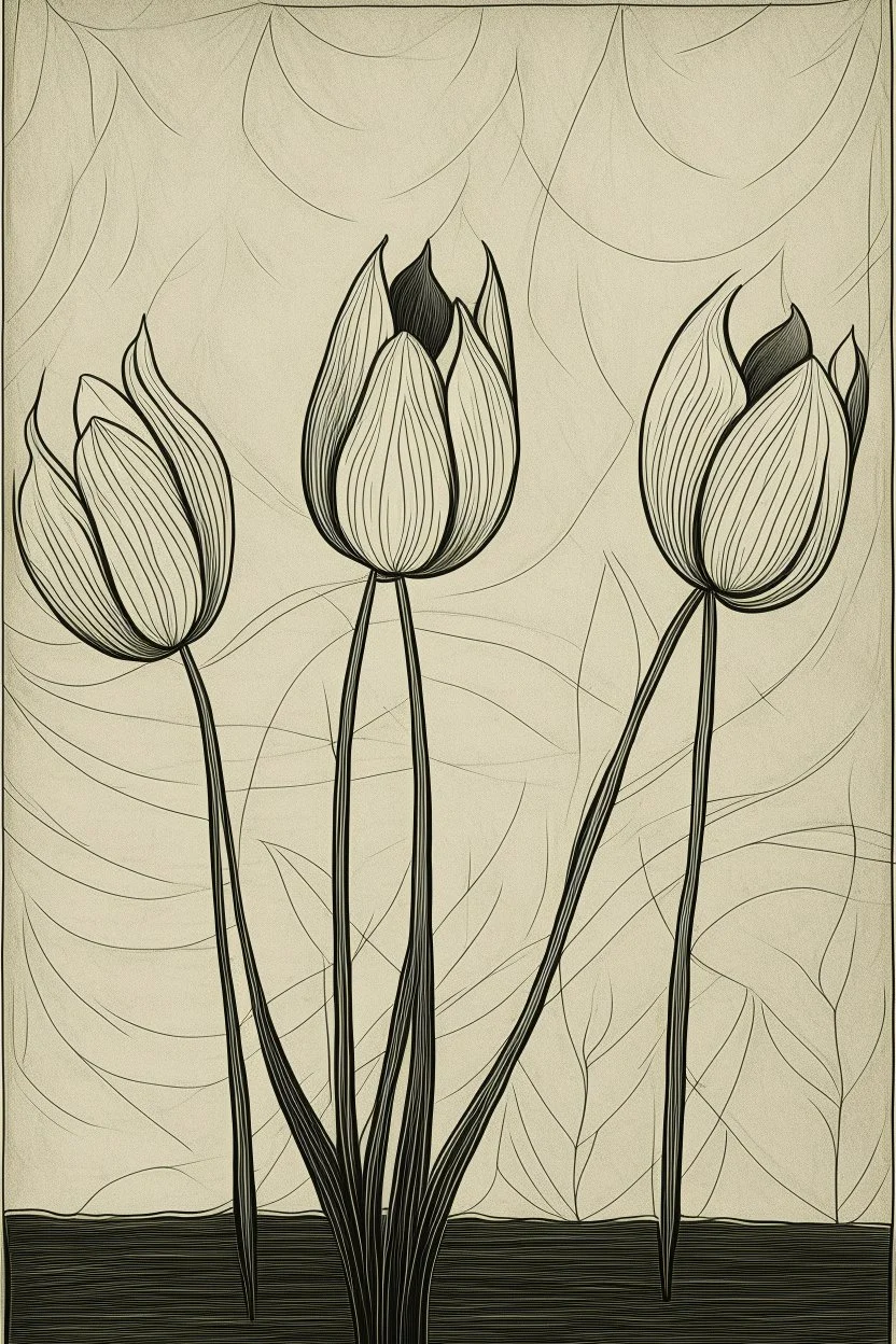 Minimalist rough abstract dusty Charcoal drawing of 3 cartoon tulips on a textured gesso background.