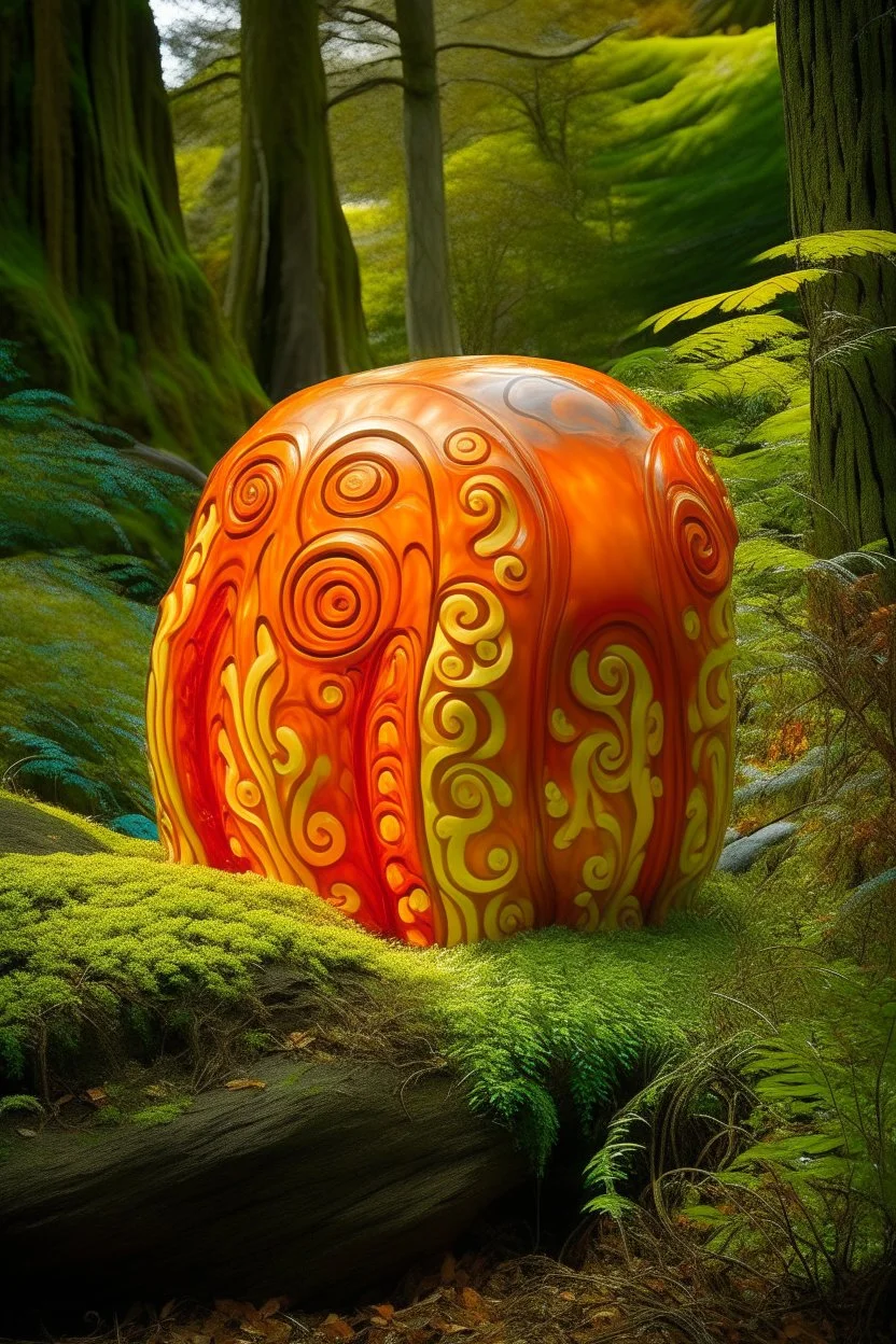 An orange lightning elemental jellyfish cyclops designed in Maori sculptures painted by Paul Ranson