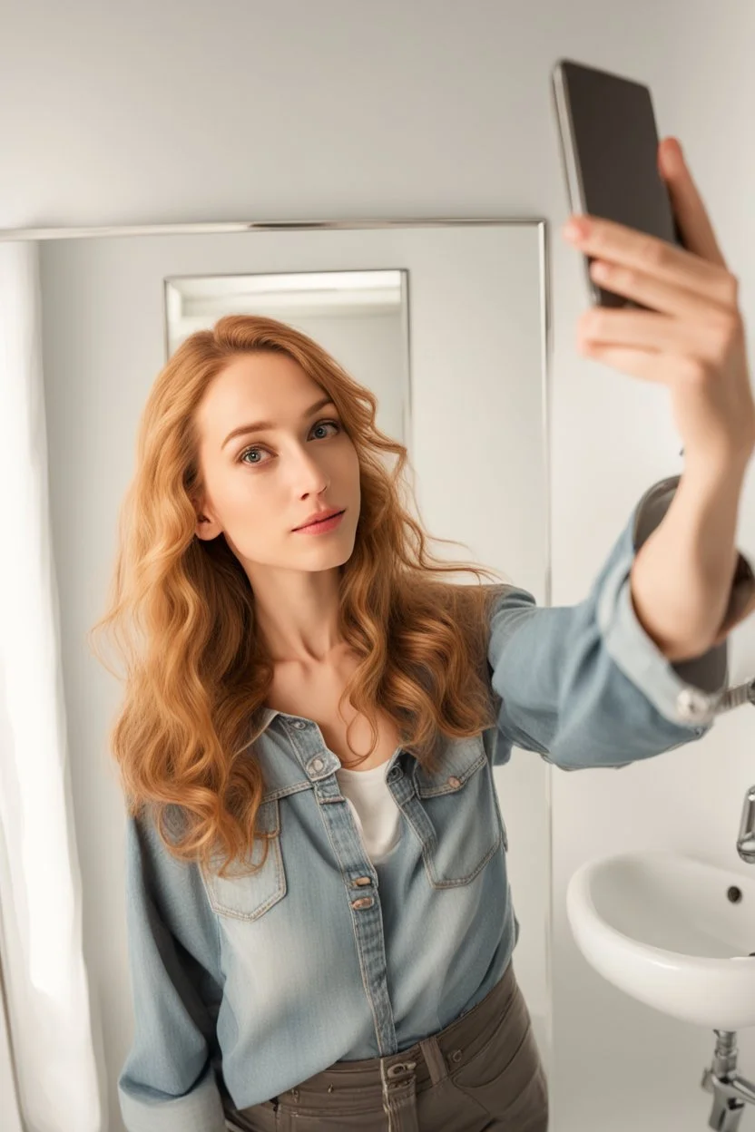 Generate a high-quality lifelike portrait of a {{18,21,25,28,31,34,37}}-year-old female social media inflluencer taking a cellphone selfie in the bathroom mirror. The POV should be from the perspective of the woman taking the selfie. She should have a slender body and be wearing skin-tight and very thig gym clothes. Her long black curly hair should be styled in a whimsical way. The photo should be captured using a 35mm film with a macro shot and shallow depth of field to create a bokeh effect. P