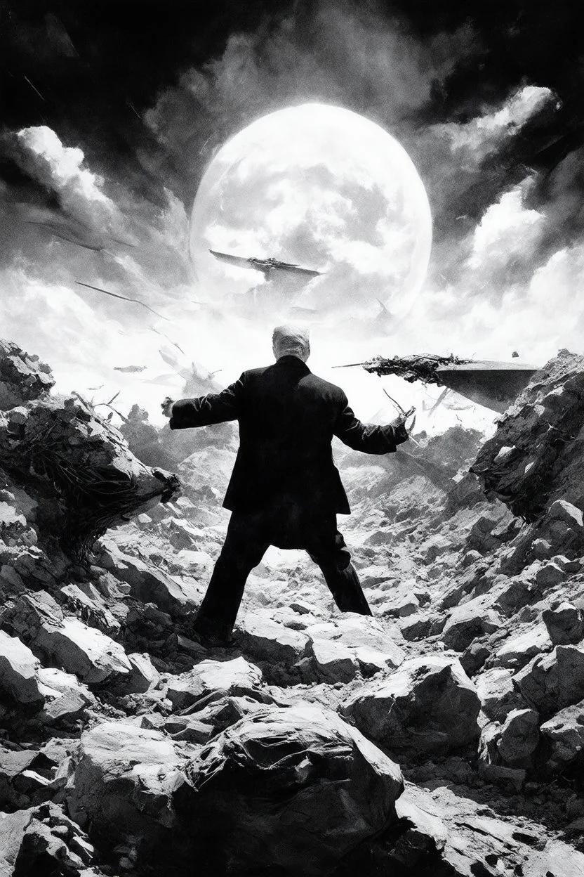 trump justinsun ethereum battle in the trenches seeing the future in the style of surrealism black and white