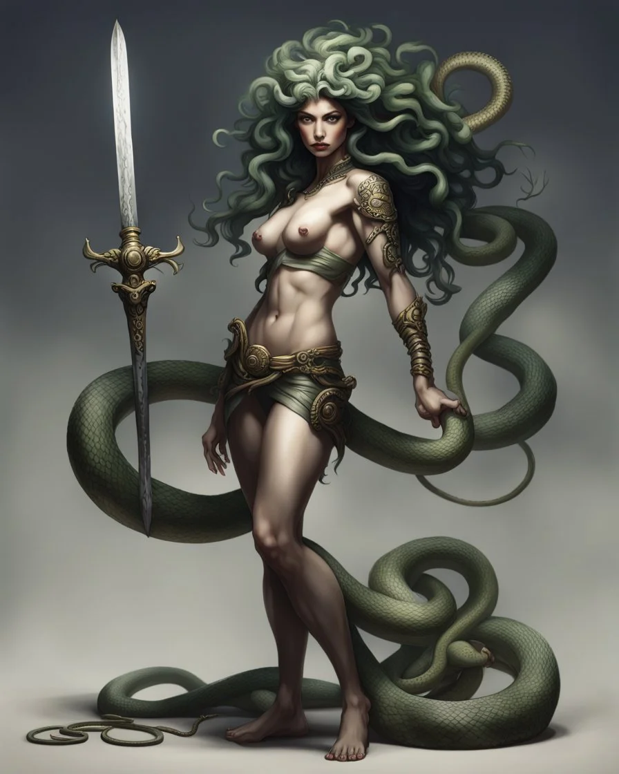 detailed persona, female, sword in hand, gorgon medusa, half turn, full height, leans on one leg, snakes on the head instead of hair