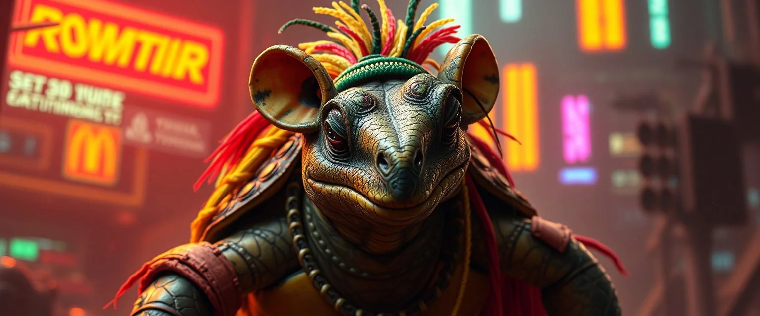 rasta turtle rat king, cyberpunk setting
