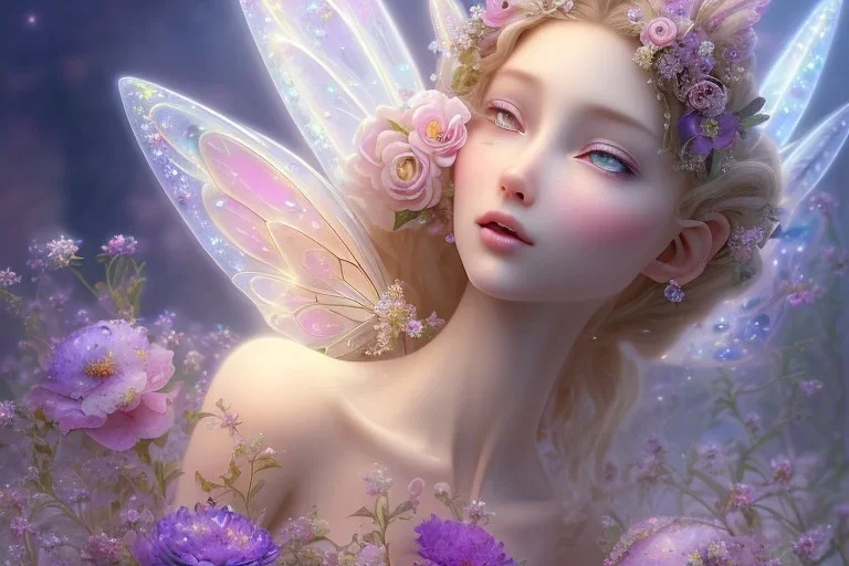 one very little beautiful fairy on a big crystal subtle flower in a galactic ambiance, transparent petals, delicate colors, in the foreground, full of details, smooth, bright sunshine，soft light atmosphere, light effect，vaporwave colorful, concept art, smooth, extremely sharp detail, finely tuned detail, ultra high definition, 8 k, unreal engine 5, ultra sharp focus