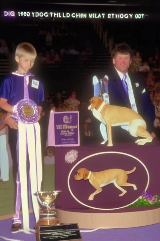 1990 dog show the winner is a half human rabbit combined animal, realistic (film Color Mission 200::10) photo from old disposable camera , grainy photo