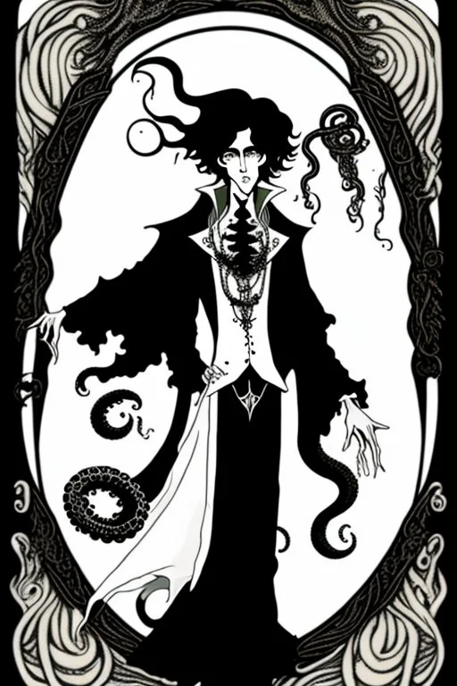 black haired young man necromancer wizard with gothic jewelry and tentacle fingers in the style of Aubrey Beardsley