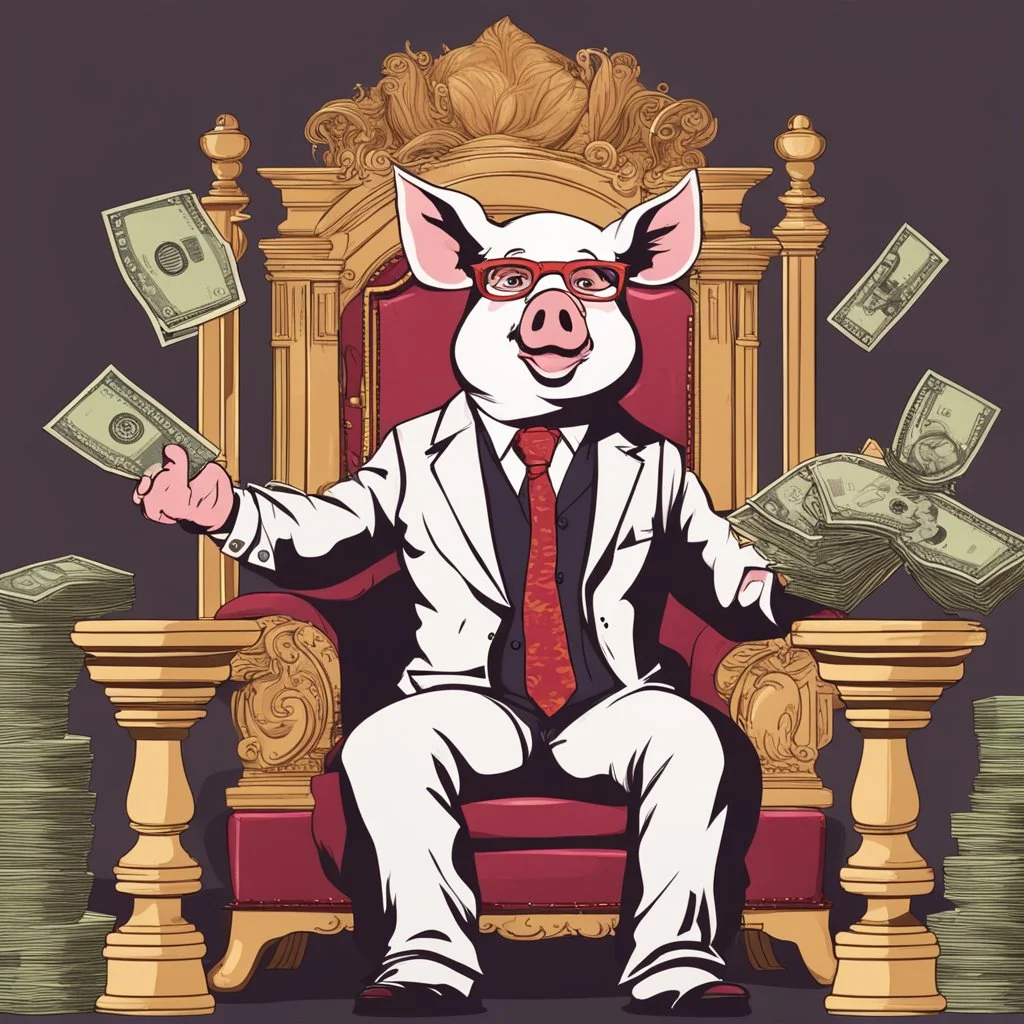 rich pig in suit on a throne making stacks of money by making a deal with a buisnessman. background of musicians