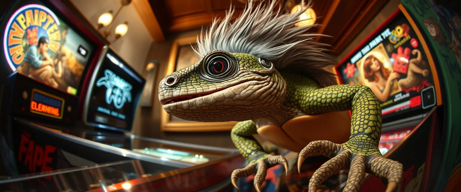 pinhole cam, master oil painting by Rembrandt, good afternoon bitch scary geek gecko orc eldrich dragon turtle with rocker hair, playing pinball