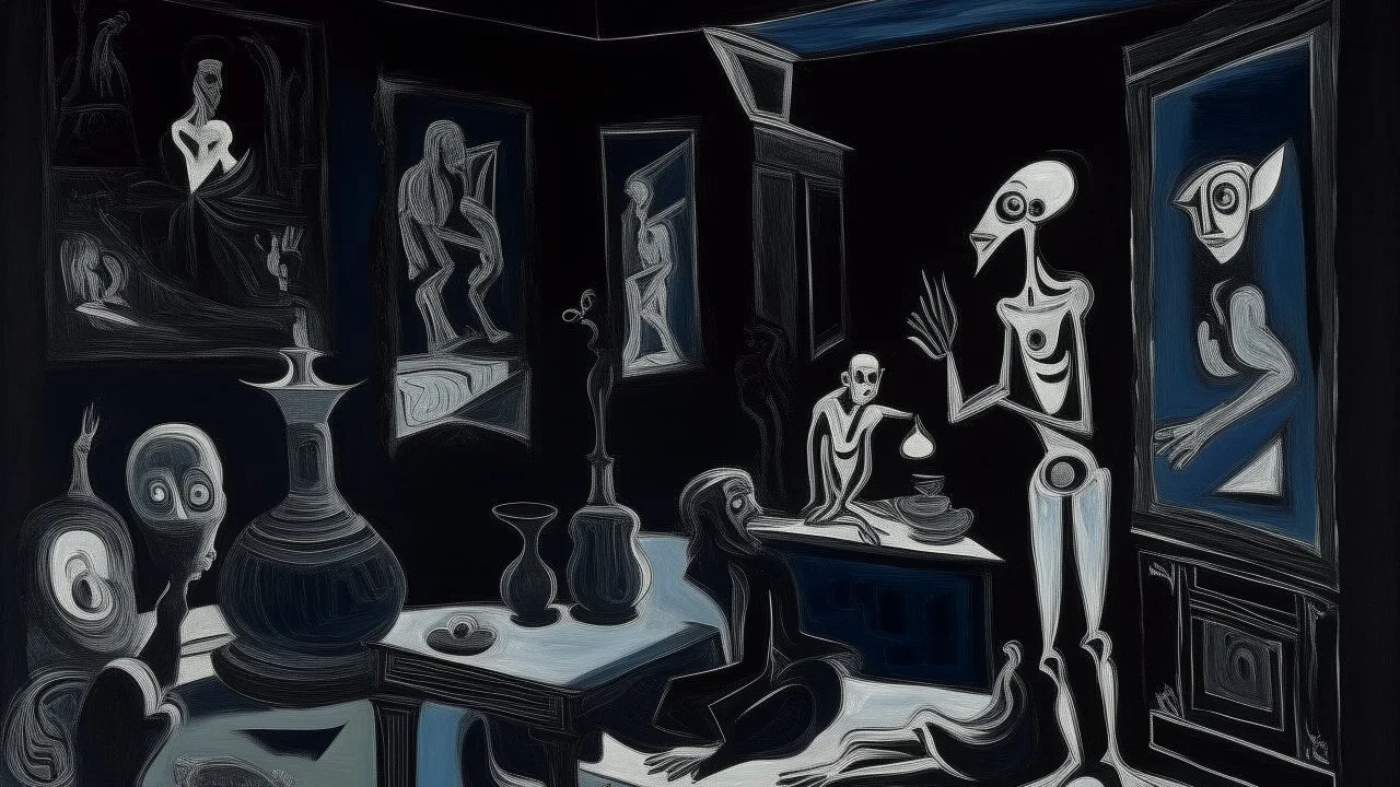 A black dark museum at midnight painted by Pablo Picasso