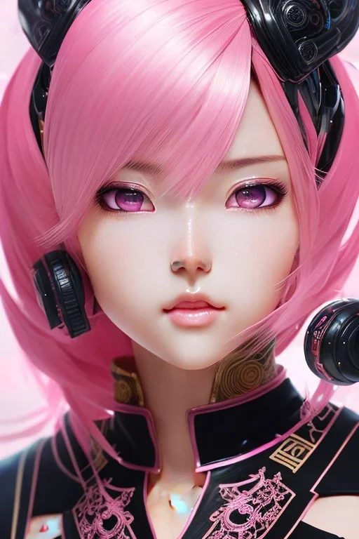 Detailed cute anime Kunoichi girl, pink hair buns, pink bangs, black latex bodysuit, intricate details, full body portrait, keep head in frame, slight smile, black Japanese motif, concept art, highly detailed, digital painting, concept art, sharp focus, illustration, art by Yoji Shinkawa, WLOP and greg rutkowski and alphonse mucha and artgerm and yanjun Chen and Junji ito and Makoto Shinkai, HDR, octane render