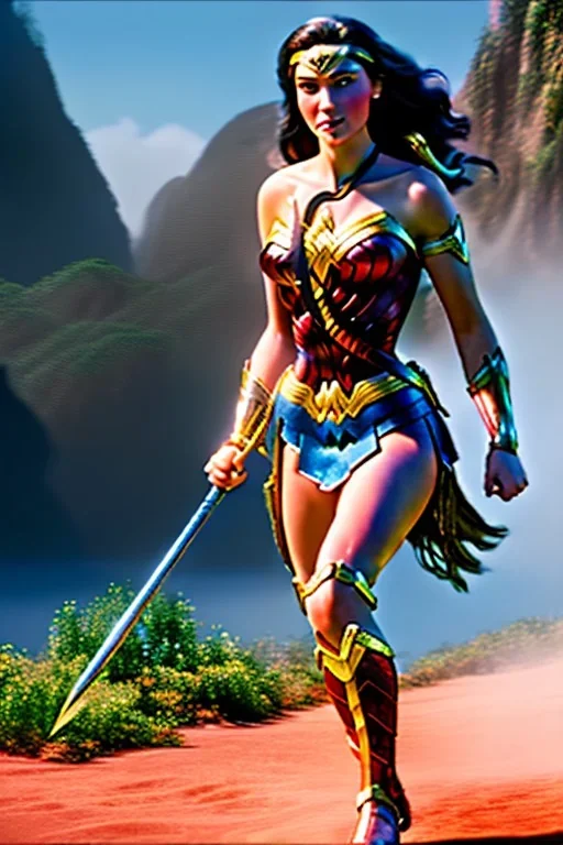 hyper realist, hyper detailed, stunningly beautiful Wonder woman, MO-DI CARTOON style