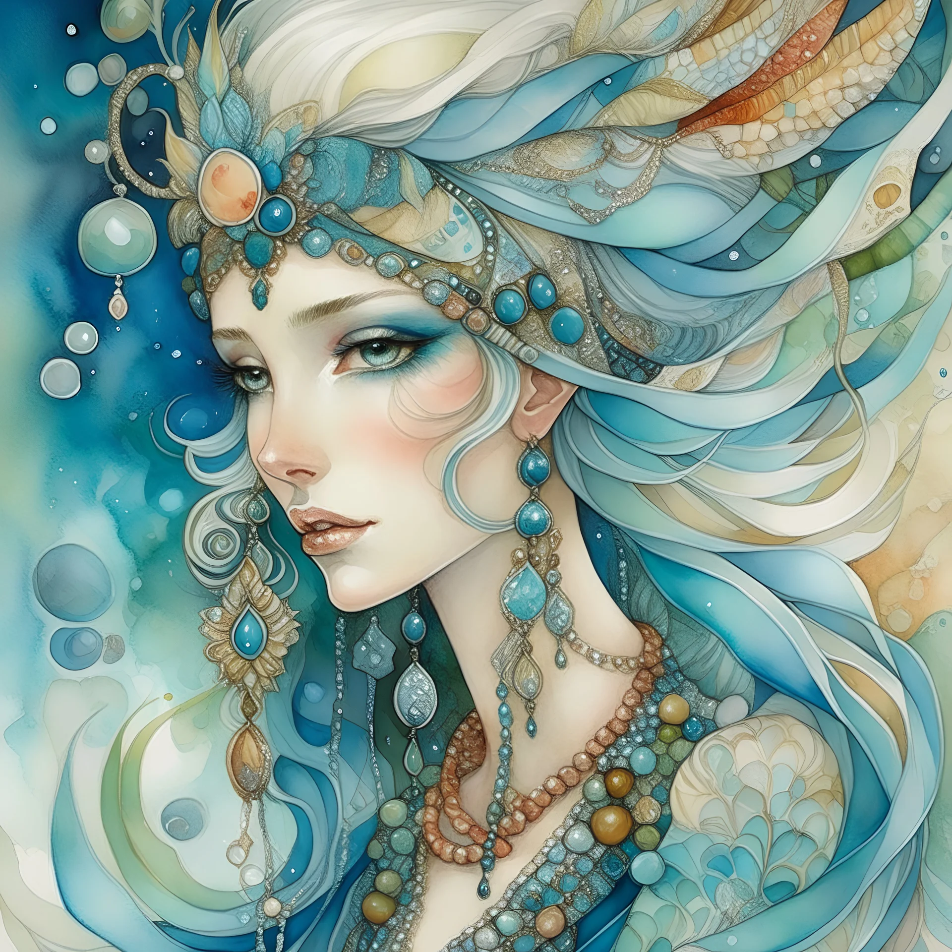 An intricate watercolor painting showcasing the artful kantha beauty of abstraction and surrealism. An antique illusion renders a scene from a fairy-tale of a kind, elven woman, Caurien Chicory, with fair hair, wearing a majestic outfit adorned with pearls, Swarovski crystals, and elements of leather, mother-of-pearl, and turquoise. The surreal spectacle shows her magical power, turning the frosty winter into golden summer within a setting of a Timeless Theater. The sky is filled with multi-eyed