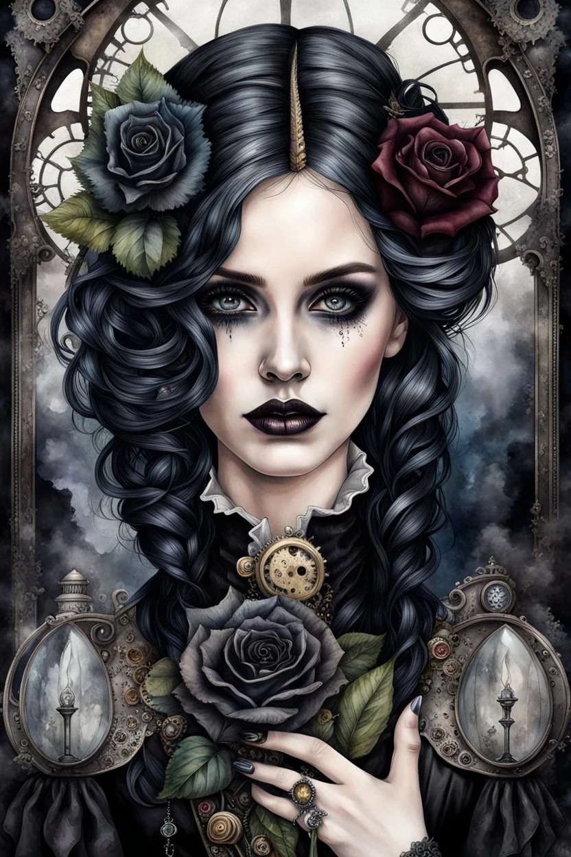 hyper photorealistic watercolor art style of a steampunk gothic style young woman with pale skin, big dark eyes, tiny nose, tiny mouth and messy dark hair , deep, dark colors, holding a black rose. She is gothic dressed, her expression is melancholic, surreal with mysterious elements. smooth blending, extremely detailed, realistic textures, cinematic, dramatic lighting