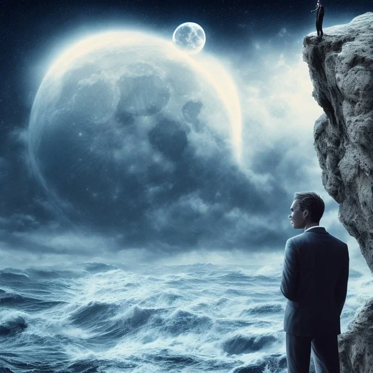 La lune en arrière plan. Un homme regarde la lune. L homme se tient sur une falaise. Un tsunami arrive sur l homme.