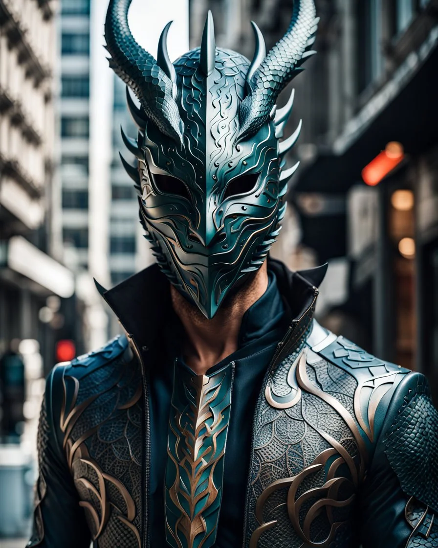 full body portrait of the dragon man with stylized mask on his eyes and forehead.conceptual art, hyper detailed, ultra quality, 12k walking in the city