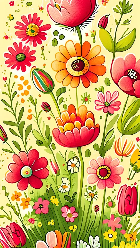 Spring flowers, art, drawing, very illustrative, children book style, detailed, vibrant colors.