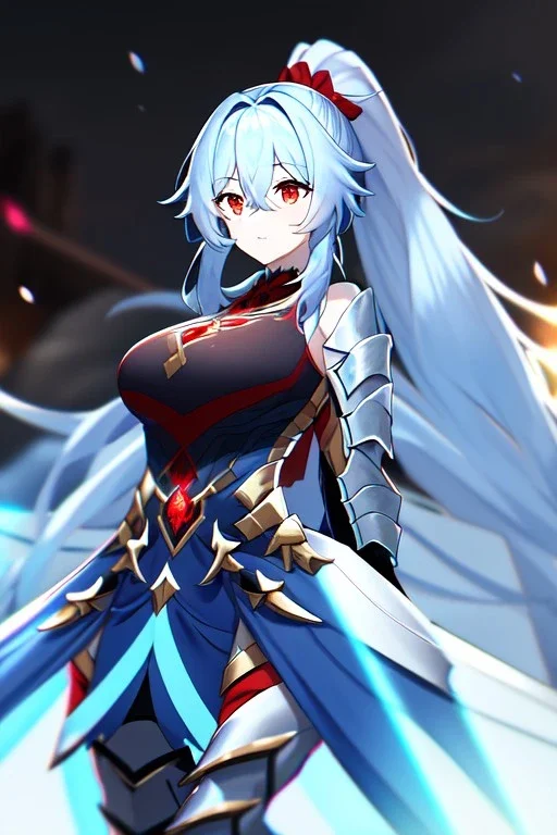 girl, masterpiece, best quality, cinematic lighting, detailed outfit, vibrant colors, perfect eyes, red eyes, long hair, light blue hair, messy hair, hair between eyes, depth of field, ray tracing, ponytail, armored dress,