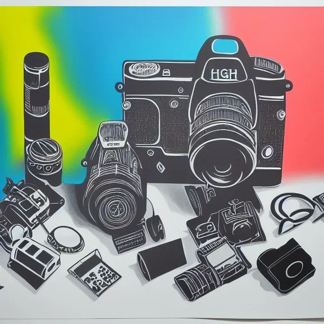 elements of photographic equipment. poster graphics. high detailed. acrylic painting and ink.