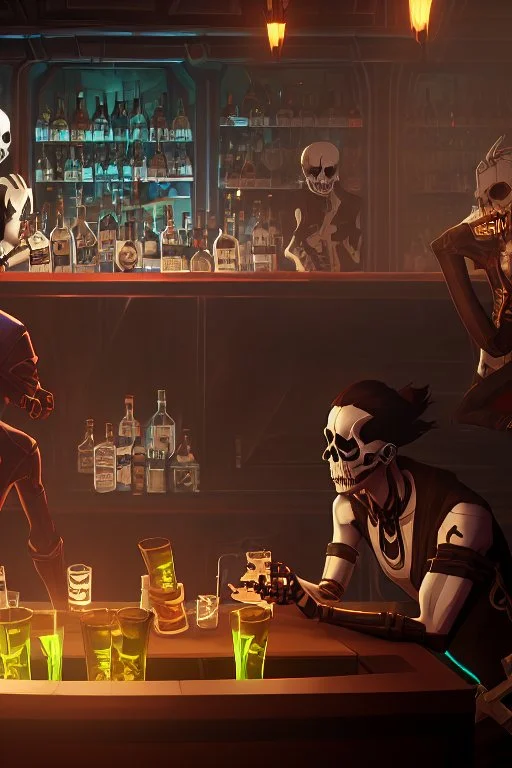 Skeletons having a drink at a bar counter, smoking sigars