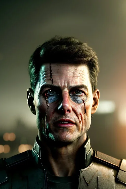 A portrait post-apocalypse cyborg Tom Cruise in a cyberpunk city, sci-fi fantasy style, 8k, volumetric lighting, particales,highly detailed,cinematic, deep scars on face,deep colours.