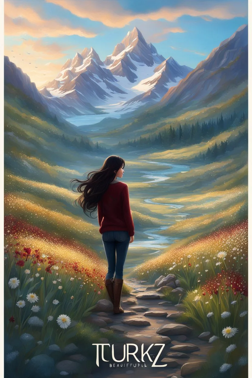 country side ,blue sky , snow on mountains, pretty clouds ,small rocky river with clear water small rocks in floor,wild flowers,beautiful Snow White, long shiny black curvy hair, wearing a burgundy sweater with the word TURK GIZI written on it, in gold, work clothes, standing, super realistic Fairy lights, intricate detail, texture, depth, vividness, movement, namex, energy, bioluminescence, stunning, epic, ultra-detailed, 8K photography by Miki Asai Macro, close-up, extremely detailed, pop