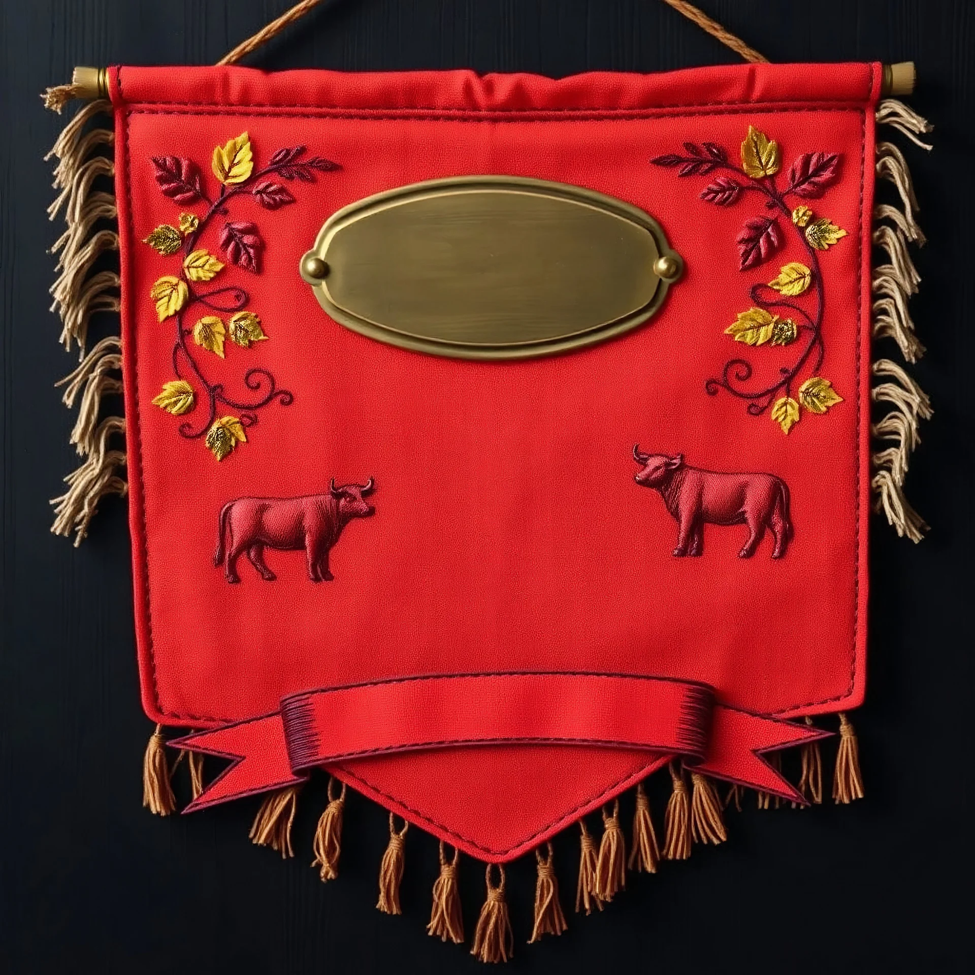 an autumn colored textured cloth hanging with embroidered ornamental leaves and cows, small blank oval brass engraving plate in upper middle, banner is downward pointed bottom, on dark background, western style