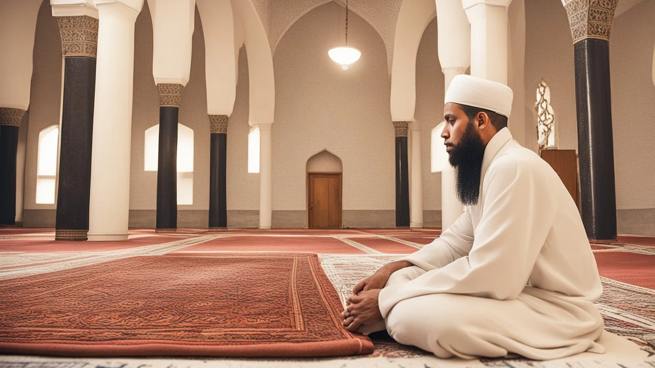 Religious leader, male, 30 years old, at the mosque wearing a turban, traditional Islamic cap, and using a prayer rug.