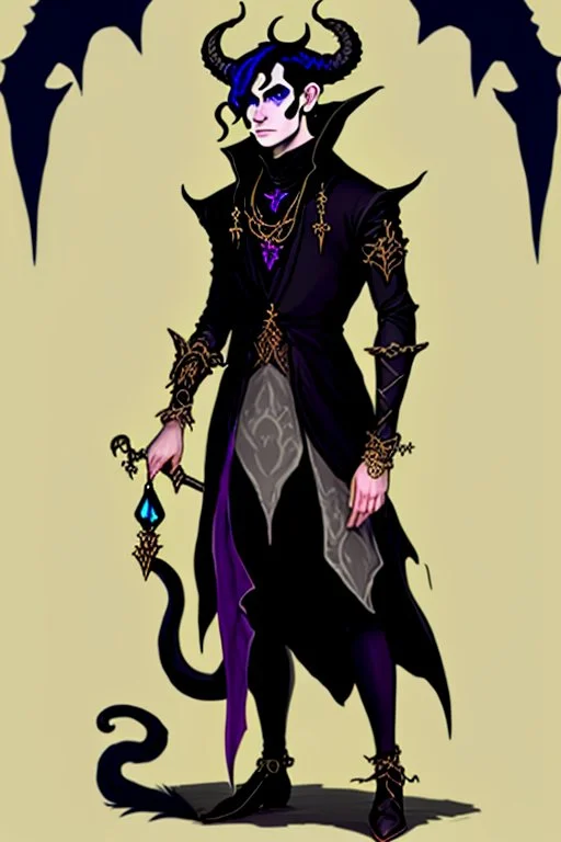 Young tiefling nobleman alchemist with black hair horns and large reptilian tail gothic jewelry in the style of Charles Addams