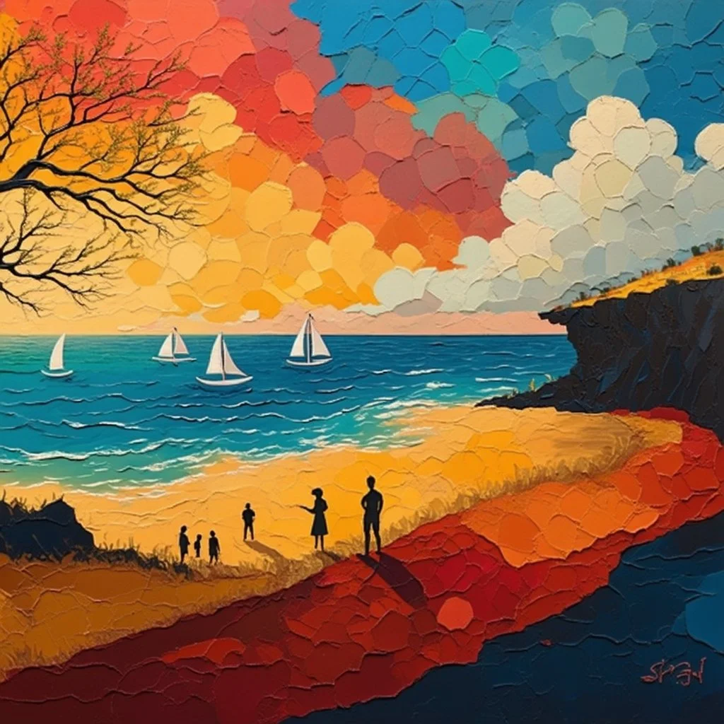 Vibrant painterly illustration, symbolic geometric realism. A surreal coastal landscape divided between land and sea. On a dark cliff in the foreground stands a leafless tree with delicate branches; nearby, small human figures appear as silhouettes. Sailboats float on a gently moving sea, their shapes simplified and graphic. Strong contrast between warm and cool tones, high color saturation, luminous pigments. Clearly painted surface with visible brushstrokes, flat yet textured color fields, han