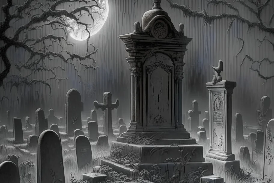 Cemetery with a ghostly figure looming over the scene:: hauntingly beautiful:: intricately detailed ::monochromatic color scheme:: dark and ominous