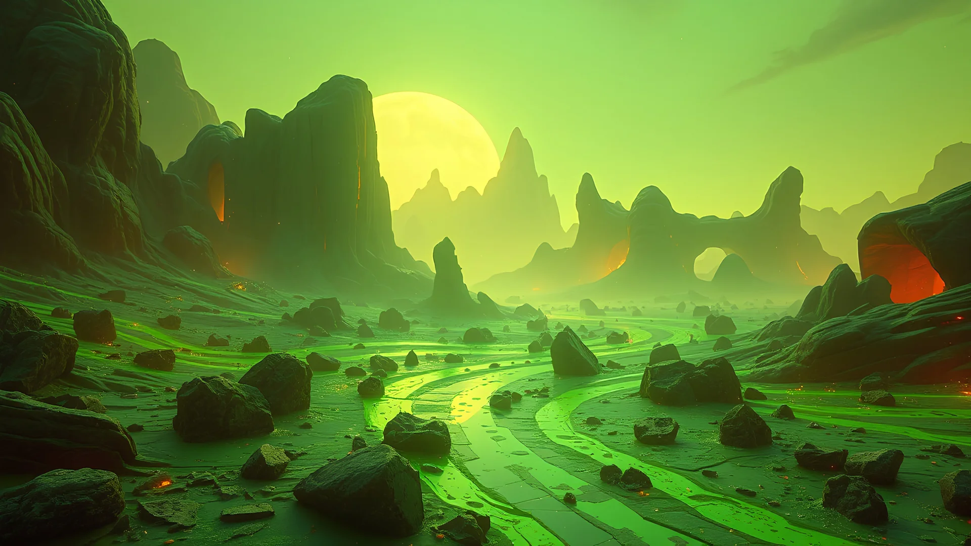 landscape covered in acid that looks futuristic with futuristic lighting, realistic rendering